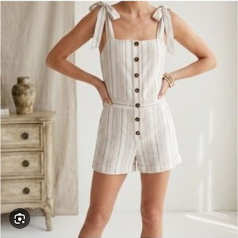 BNWT After Market Striped Tie Shoulder Button Front Romper  Size S